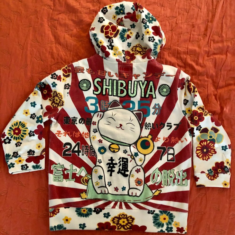 LUCKY BRAND SWEATSHIRT HOODIE* LUCKY CAT*SHIBUYA*JAPAN*EMBROIDER*ASIAN CHARACTER